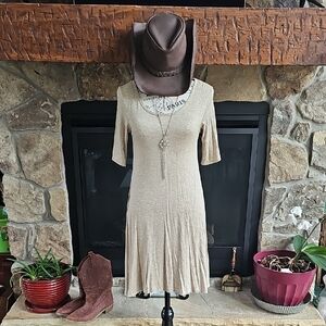 Urban Rose Oatmeal Boho Swing Dress Midi Short Sleeve Made in USA Small